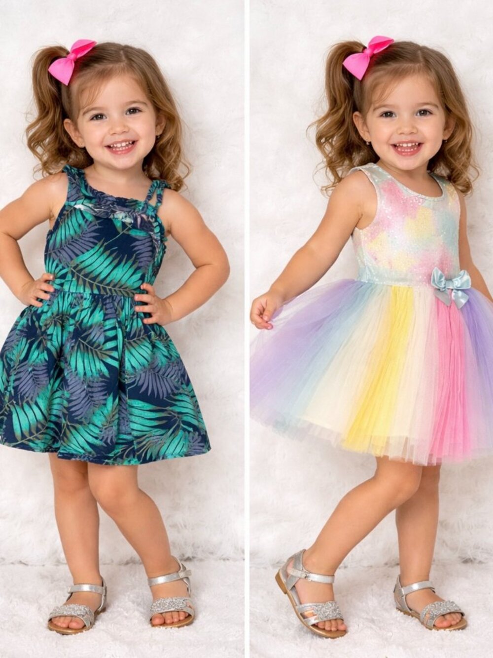 Lot 2 Toddler Girls Dresses 2T Tropical Leaf + Rainbow Tulle Party Dress Cute